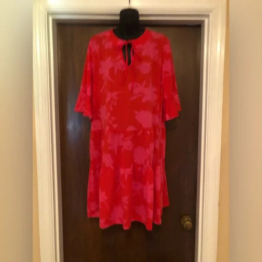 Qincao Red and Pink Floral Dress - size L - 40” in Length *pre-loved*